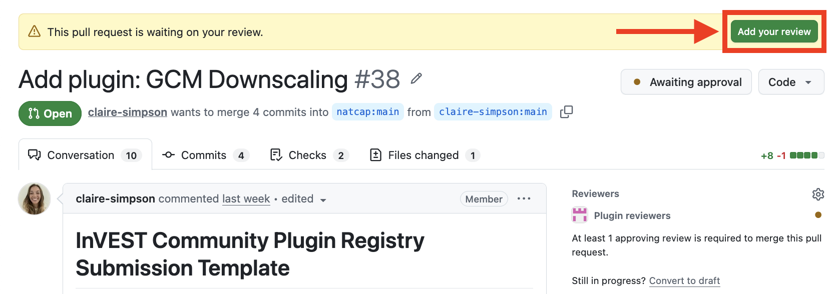 A screenshot showing the "Add your review" button on an open pull request
