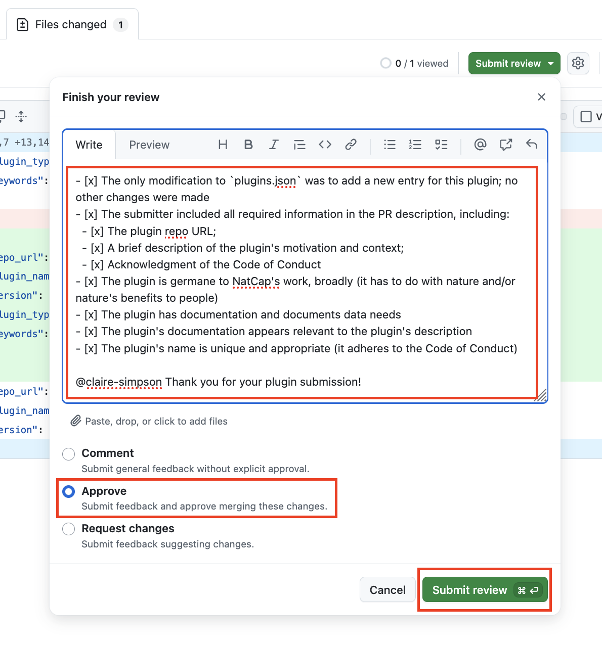 A screenshot showing a PR review comment with "Approve" selected