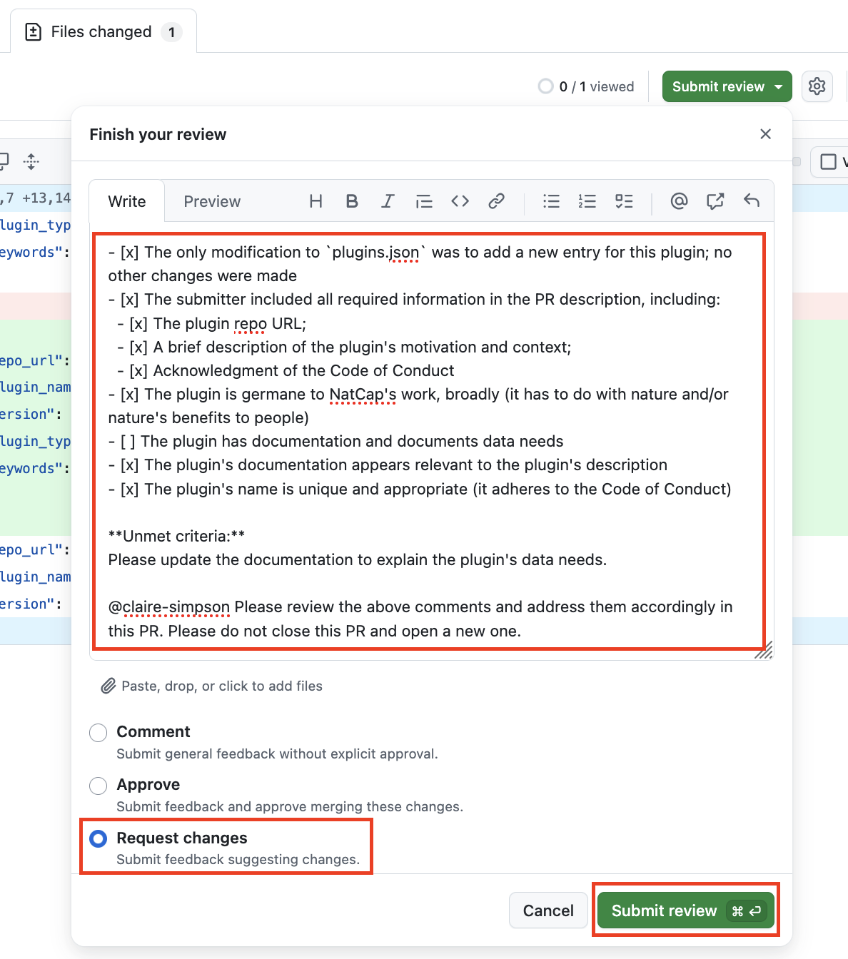 A screenshot showing a PR review comment with "Request changes" selected